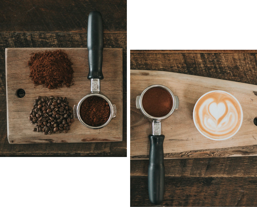 Roasted and ground beans with two portafilters and a cup of cappucino